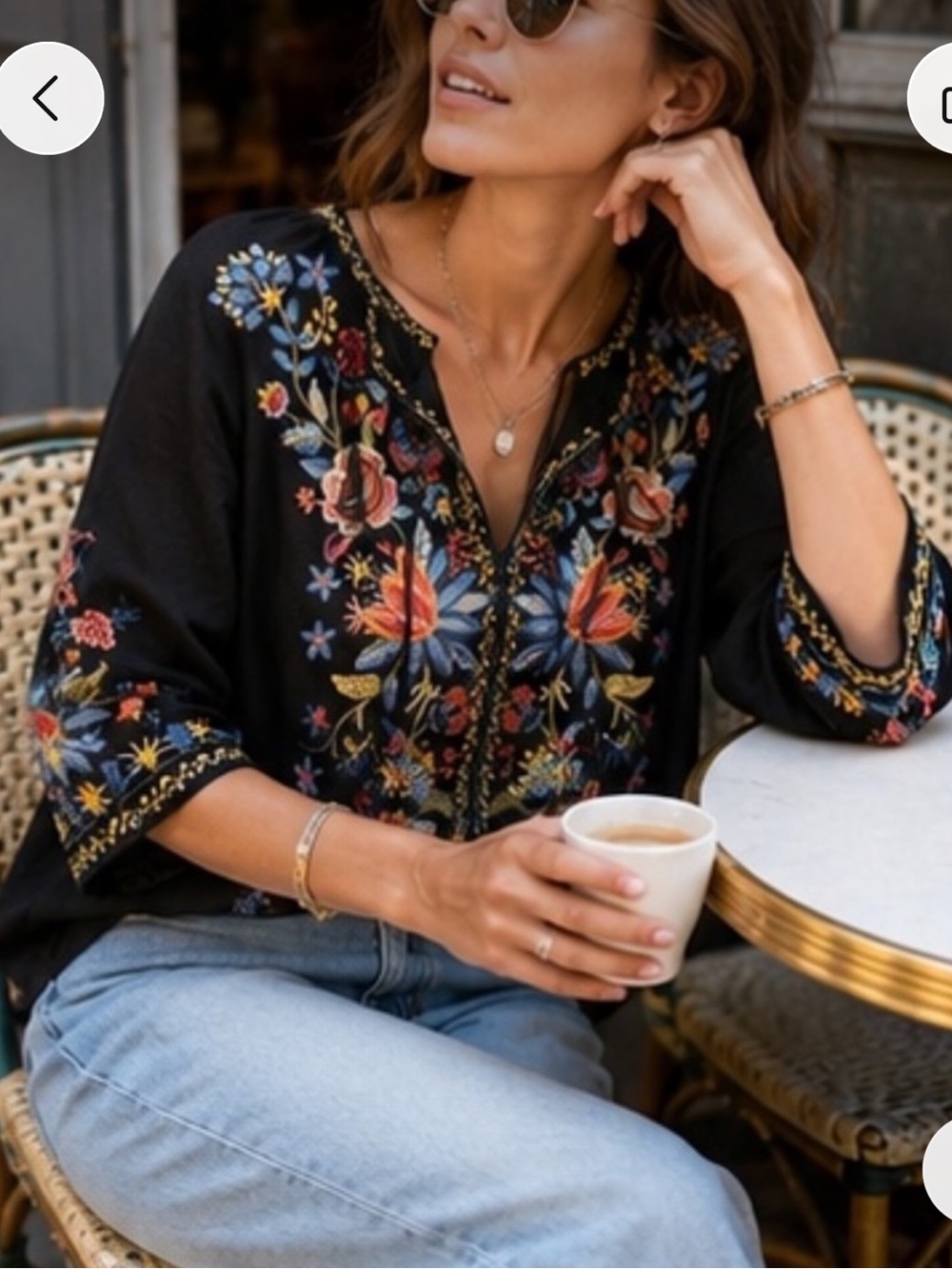 Johnny Was 100% Linen Embroidered Floral 3/4 Sleeve Tunic Top Black Sz S